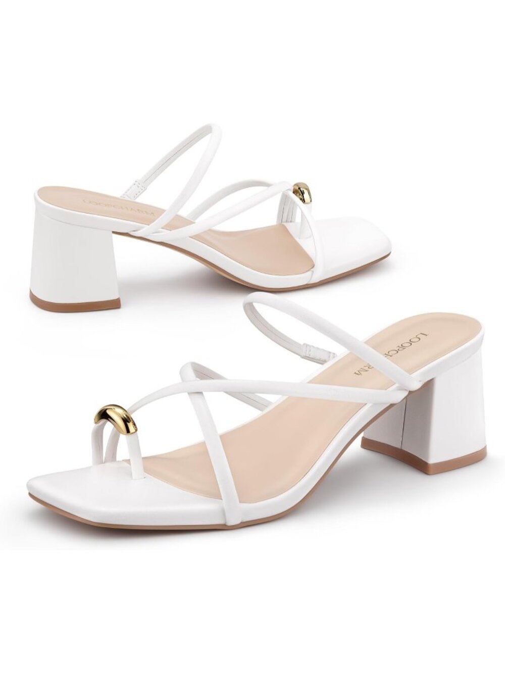 Women's White Faux Leather Mules Square Toe Ring Strappy Chunky Block Heels